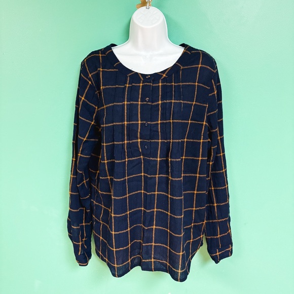 Skies Are Blue Navy Blue & Gold Plaid Erina Henley Top Womens XL - Picture 2 of 8